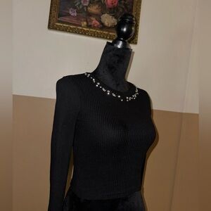 Divided Black Crystal Long Sleeve Crop Top